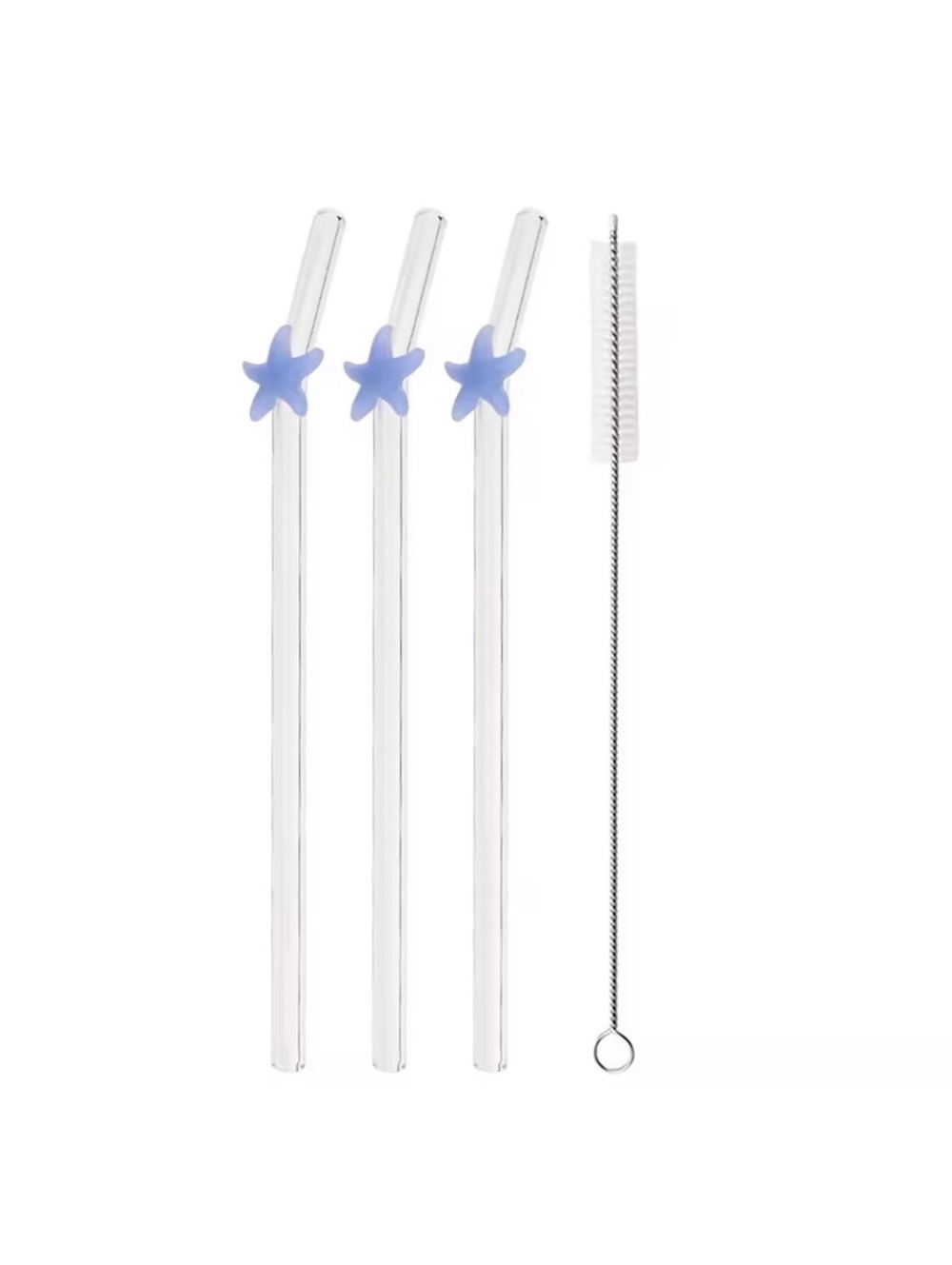 Set of 3 Glass Starfish Reusable Straws + Cleaning Brush Blue Coastal